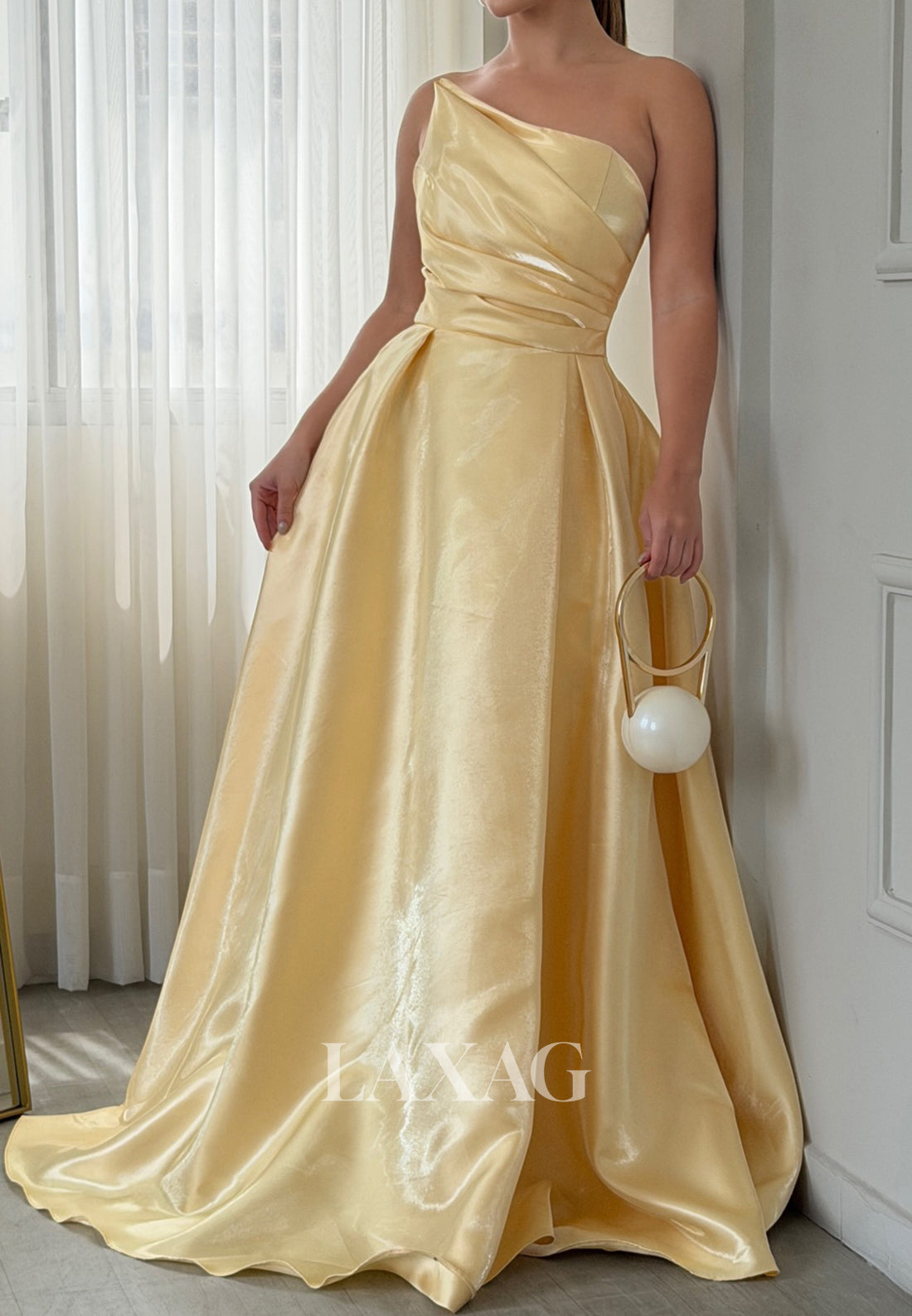 Asymmetrical-Neck Off-Shoulder Sleeveless Satin Pleated Floor-Length Mermaid Evening Dress