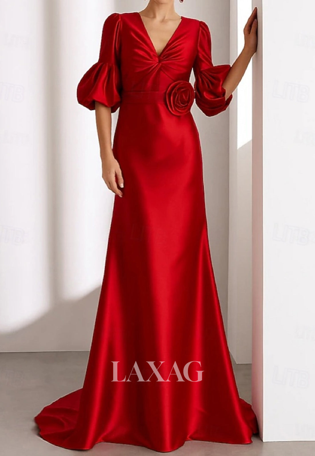 V-Neck Straps Half-Bell-Sleeves Floral Embellished Satin Pleated Floor-Length A-Line Evening Dress