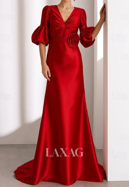 V-Neck Straps Half-Bell-Sleeves Floral Embellished Satin Pleated Floor-Length A-Line Evening Dress