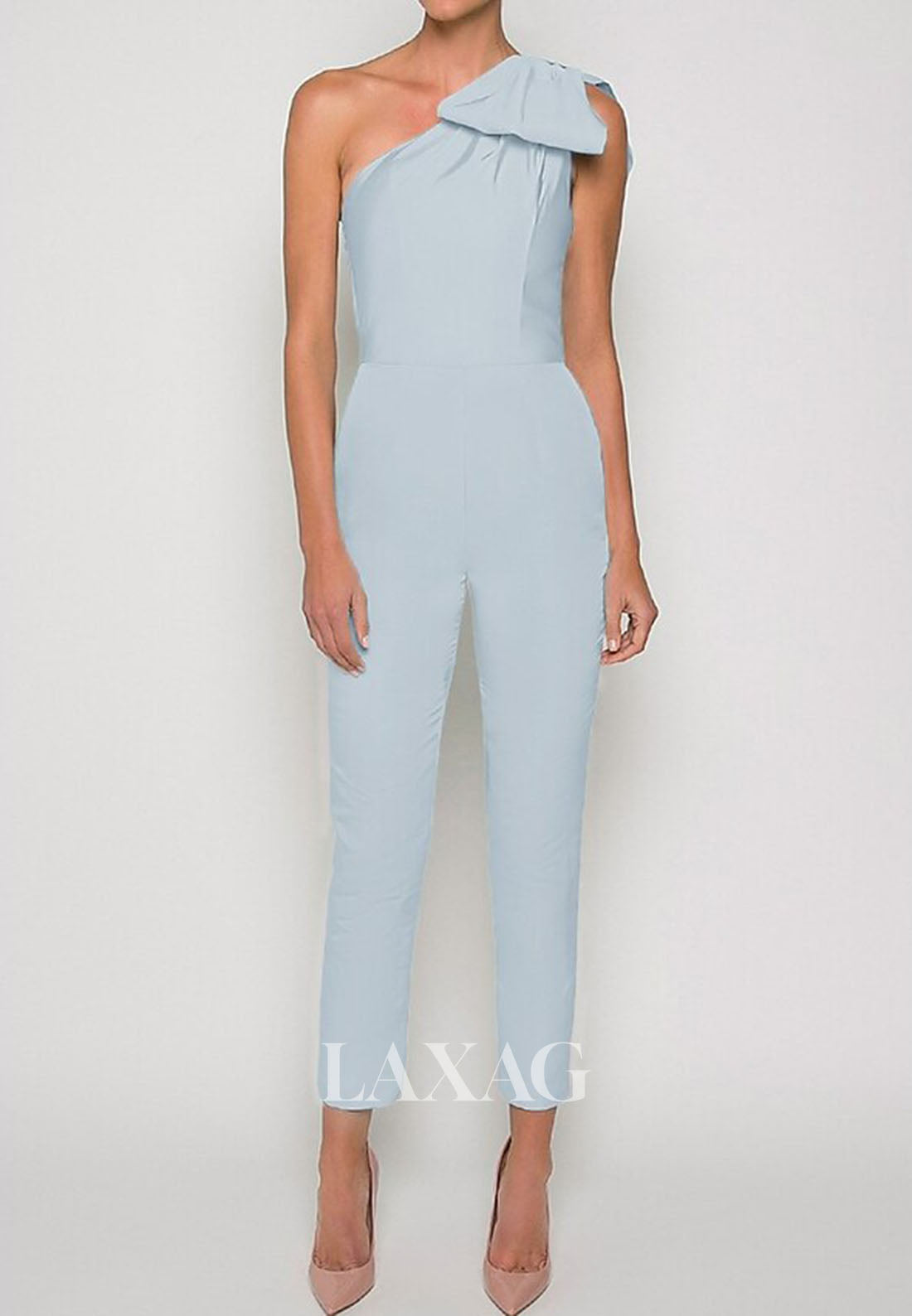 Asymmetrical-Neck One-Strap Sleeveless Satin Pleated Jumpsuit with Detachable Overskirt