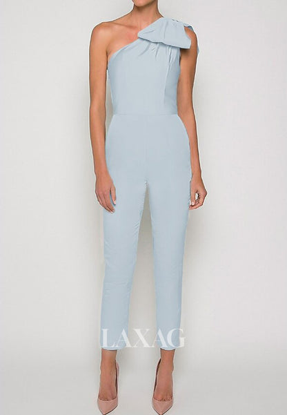 Asymmetrical-Neck One-Strap Sleeveless Satin Pleated Jumpsuit with Detachable Overskirt