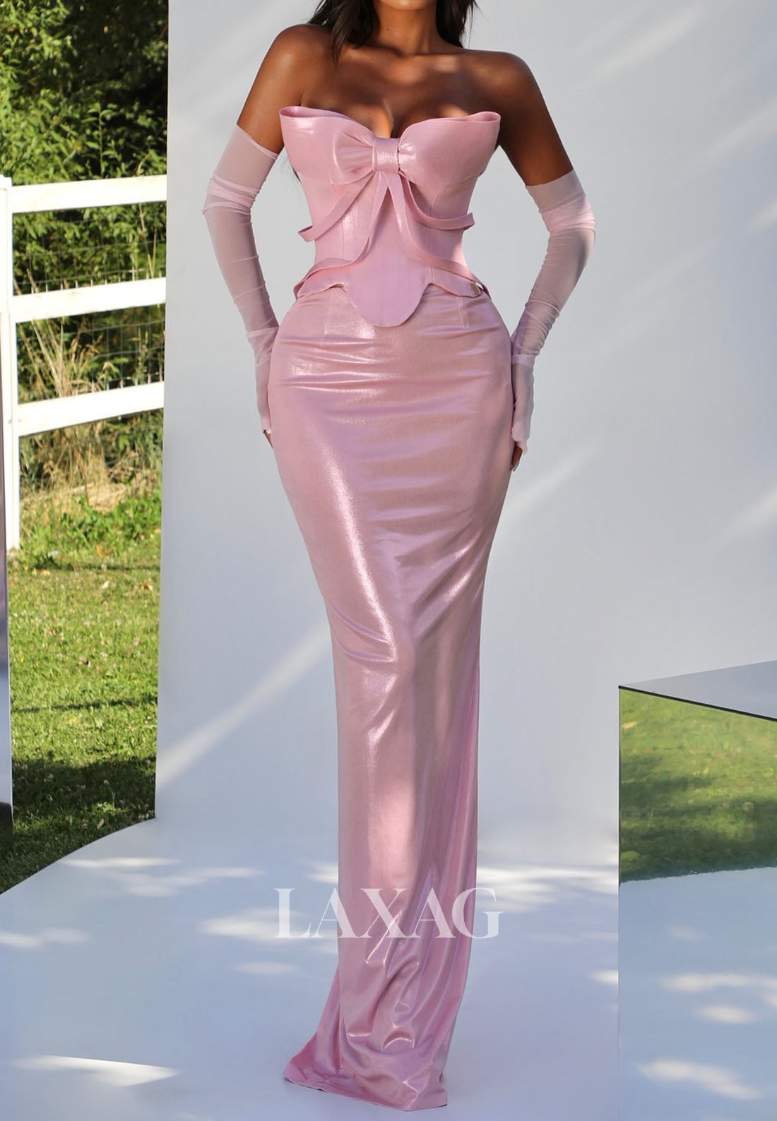 Bow Tube Top Off-Shoulder Mermaid Evening Dress Sleeveless Metallic-Satin High Slit Formal Gowns