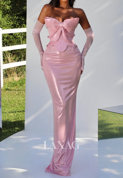 Bow Tube Top Off-Shoulder Mermaid Evening Dress Sleeveless Metallic-Satin High Slit Formal Gowns