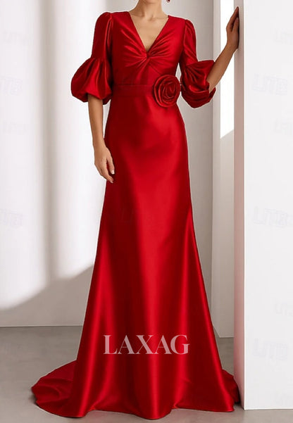 V-Neck Half-Sleeves 3D-Floral Satin Pleated Floor-Length Mermaid Evening Dress