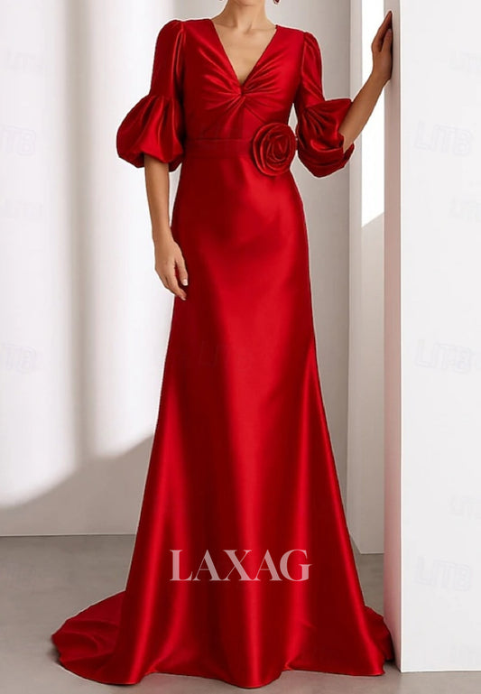 V-Neck Half-Sleeves 3D-Floral Satin Pleated Floor-Length Mermaid Evening Dress