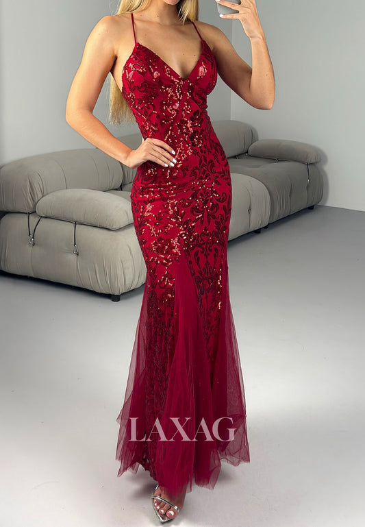 V-Neck Spaghetti Straps Mermaid Prom Dress Sleeveless Fully Sequined Floor-Length Party Gowns
