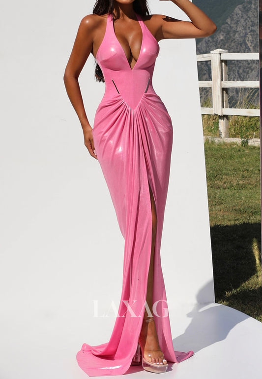 Halter Deep V-Neck Off-Shoulder Mermaid Evening Dress Metallic-Satin Pleated High Slit Formal Gowns