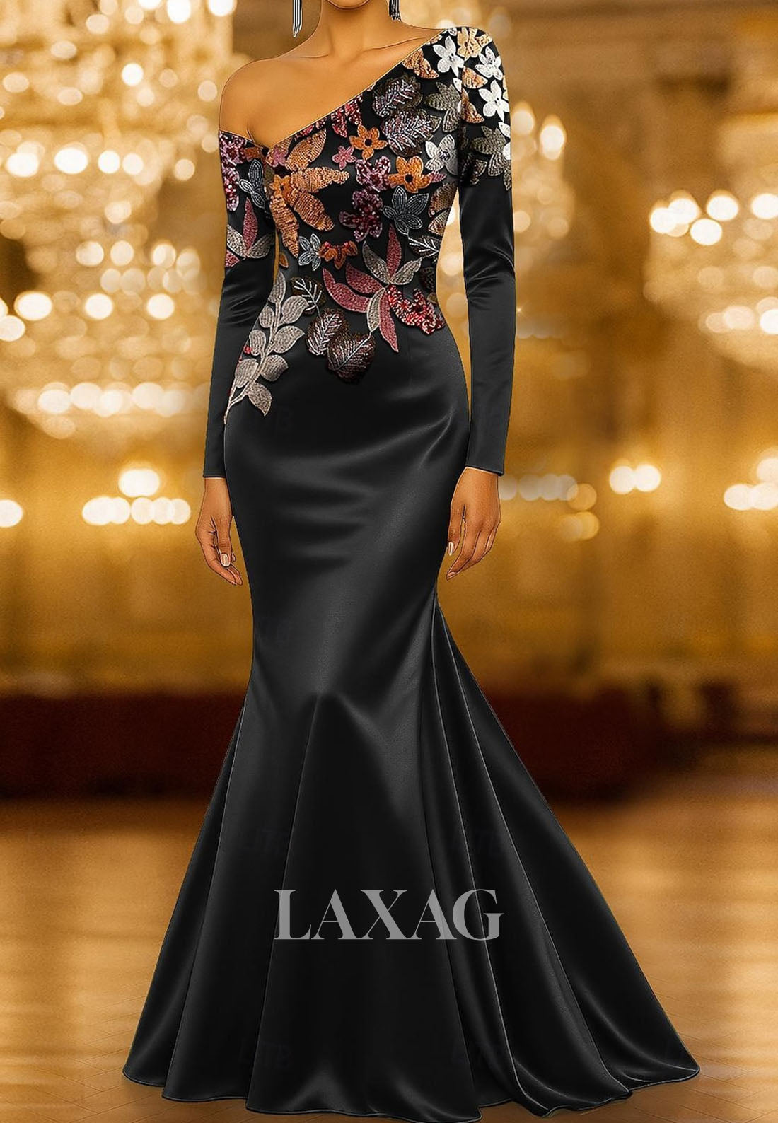 Asymmetrical-Neck Long-Sleeves Sequined Applique Satin Trumpet Mermaid Evening Dress