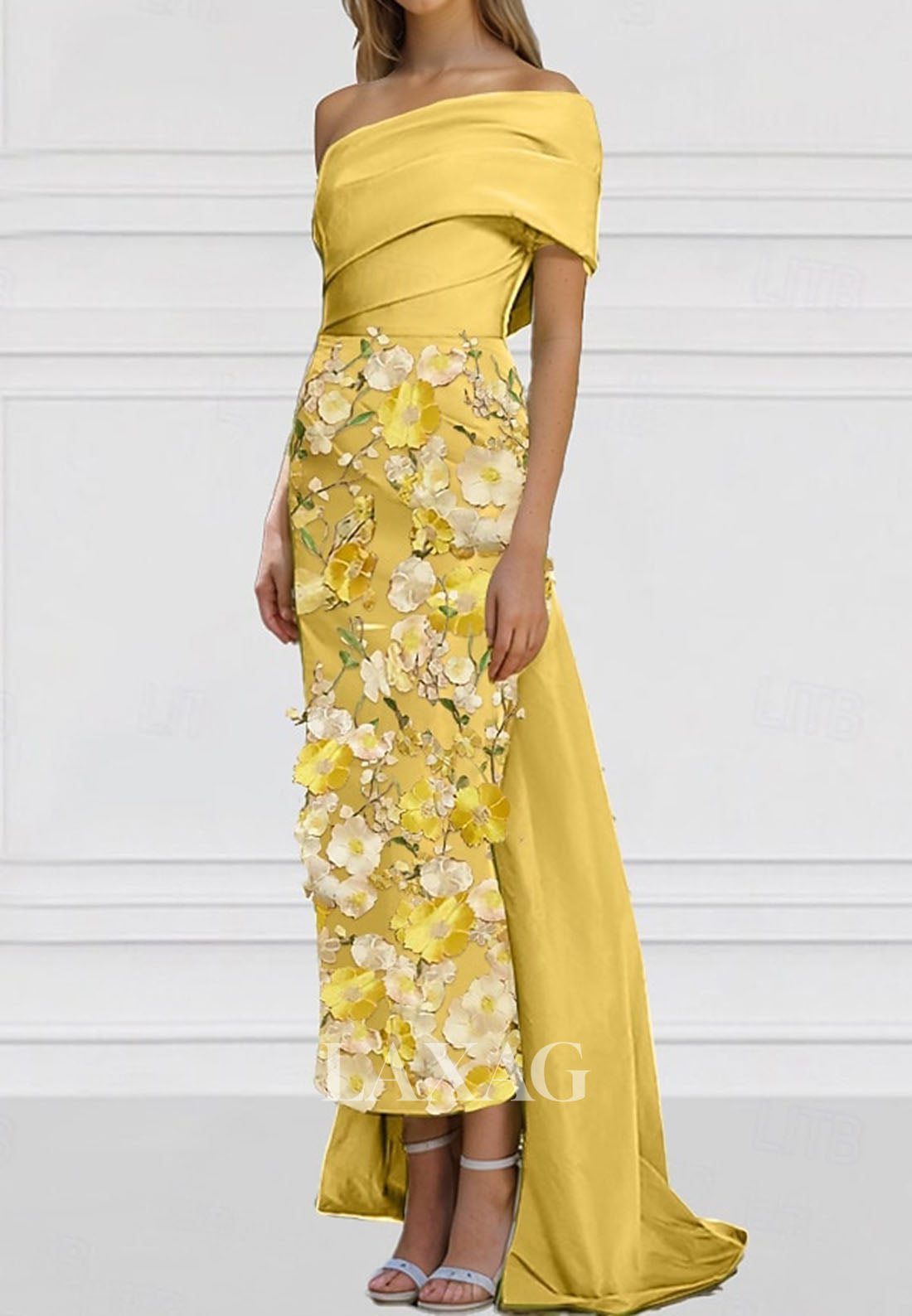 Asymmetrical-Neck Sleeveless Mermaid Evening Dress Floral Embellished Applique Satin Formal Gowns