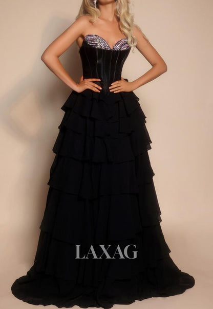 Sweetheart Off-Shoulder Sleeveless Beaded Pleated Chiffon Tiered A-Line Prom Dress with High Slit