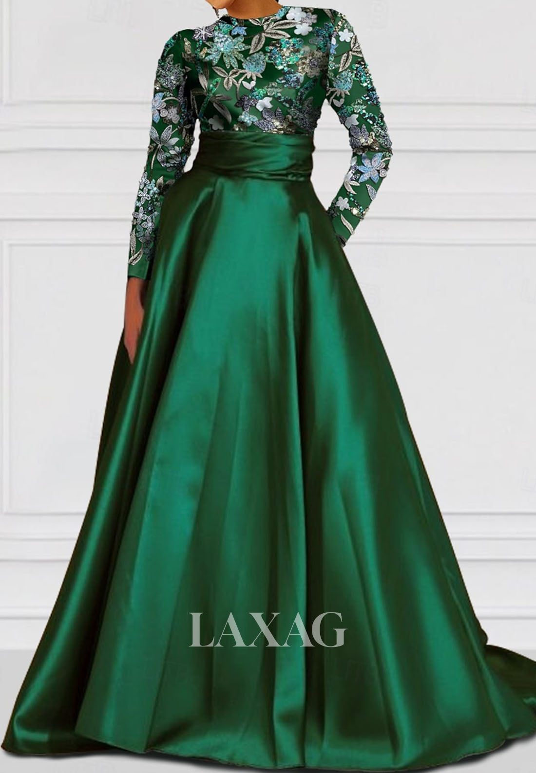 Scoop-Neck Pleated Satin Formal Gowns Long-Sleeves Sequined Applique A-Line Evening Dress