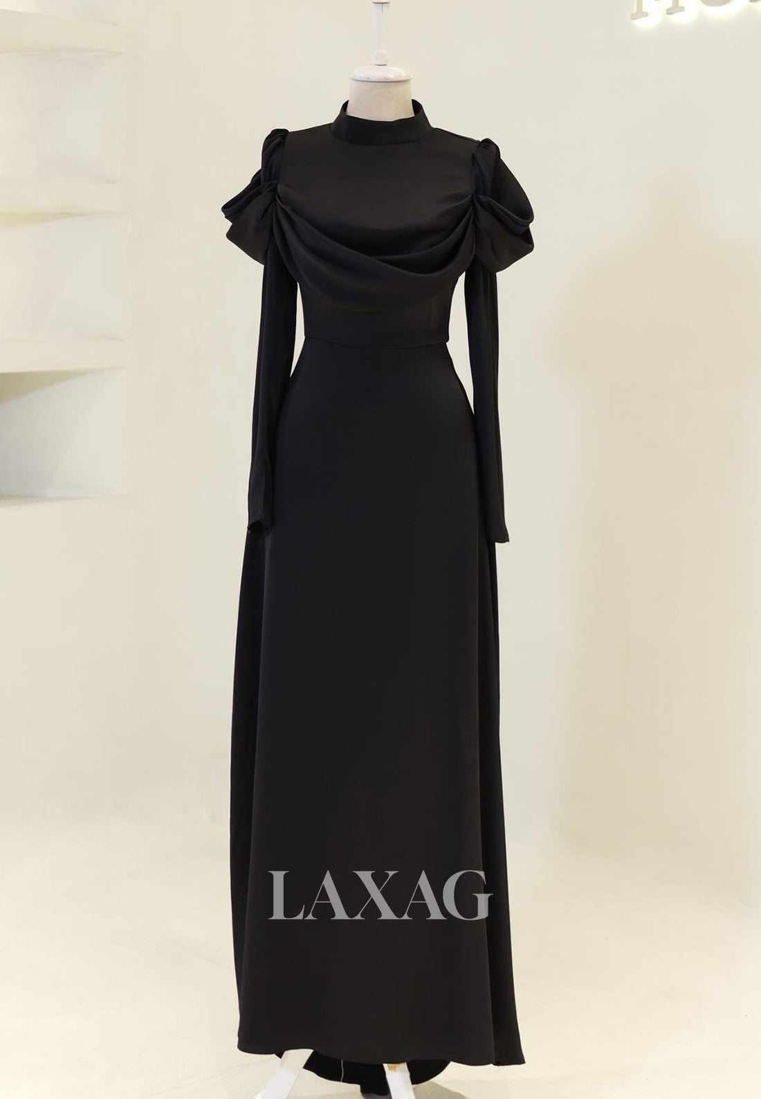 High-Neck Long-Sleeves Satin Pleated Floor-Length Simple Fitted Evening Dress