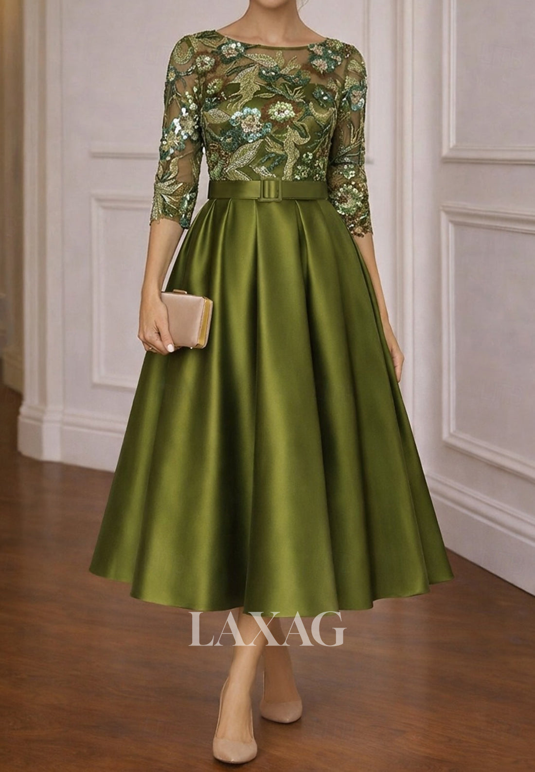 Scoop-Neck 3/4-Sleeves Sequined Tulle&Satin Pleated Sheer Tea-Length A-Line Evening Dress