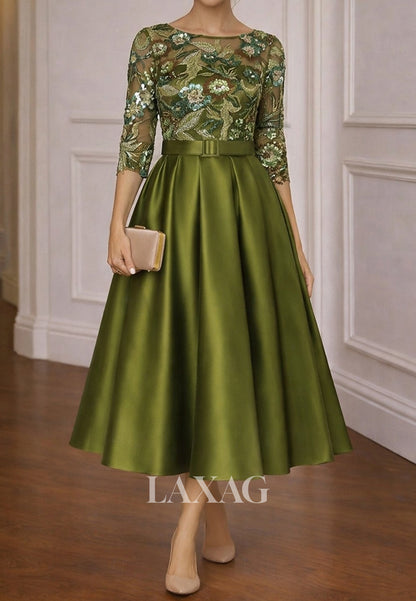 Scoop-Neck 3/4-Sleeves Sequined Tulle&Satin Pleated Sheer Tea-Length A-Line Evening Dress