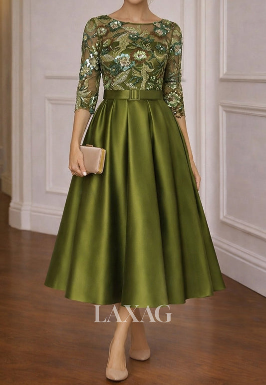 Scoop-Neck 3/4-Sleeves Sequined Tulle&Satin Pleated Sheer Tea-Length A-Line Evening Dress