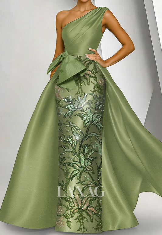 Asymmetrical-Neck One-Strap Sequined Applique Satin Pleated Floor-Length Mermaid Evening Dress