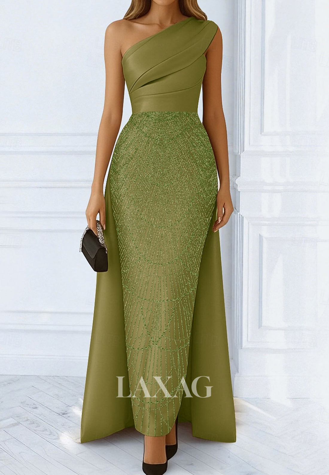 Asymmetrical-Neck Sleeveless Sequined Beaded Satin Pleated Mermaid Mother of the Bride Dress