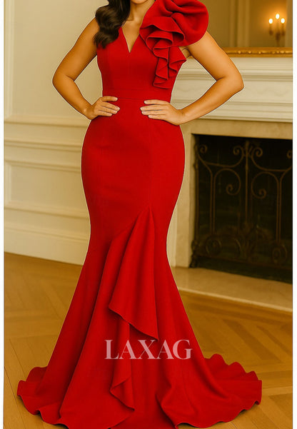 V-Neck Straps Sleeveless Satin Ruffled Trumpet Mermaid Formal Evening Dress