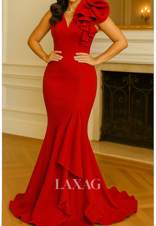 V-Neck Straps Sleeveless Satin Ruffled Trumpet Mermaid Formal Evening Dress