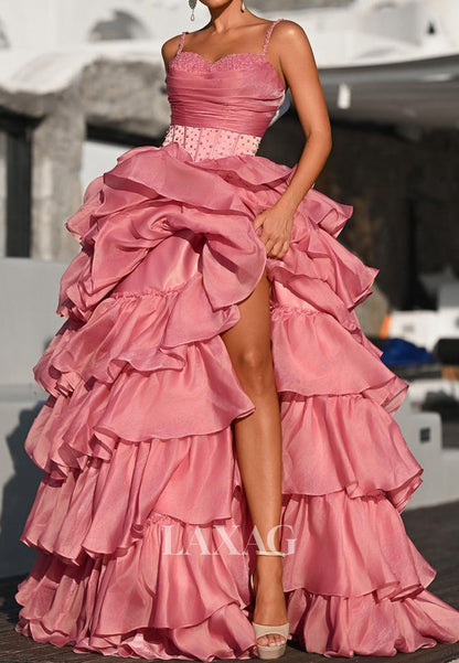 Sweetheart Spaghetti Straps Tiered A-Line Prom Dress Sleeveless Beaded Pleated Chiffon Party Gowns