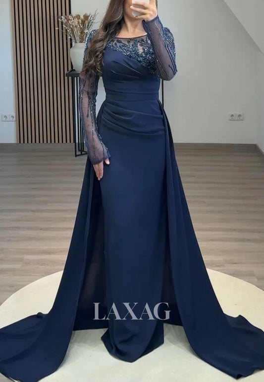 Scoop-Neck Long-Sleeves Satin Formal Gowns Beaded Pleated Mermaid Evening Dress with Train