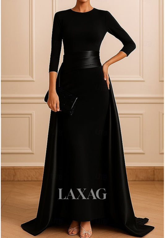 Scoop-Neck 3/4-Sleeves Pleated Satin Mermaid Evening Dress Floor-Length Simple Formal Gowns
