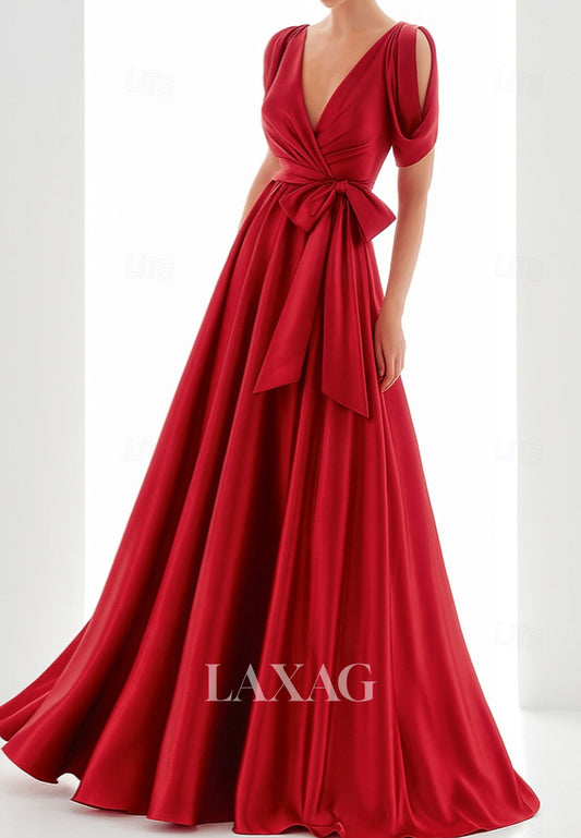 Deep V-Neck Short-Sleeves Satin Pleated Cutout Floor-Length Simple A-Line Evening Dress