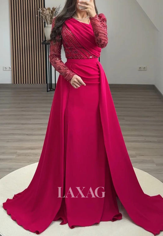 Asymmetrical-Neck Long-Sleeves Mermaid Evening Dress Beaded Pleated Satin Formal Gowns with Train