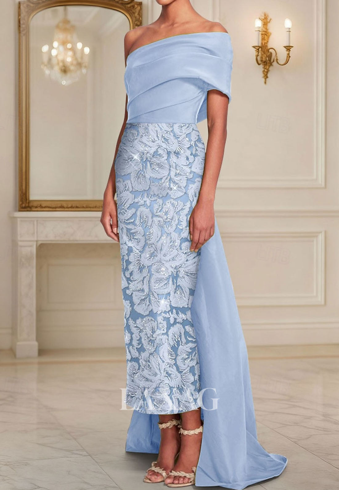 Asymmetrical-Neck Satin Pleated Formal Gowns Ankle-Length Jacquard Mermaid Evening Dress