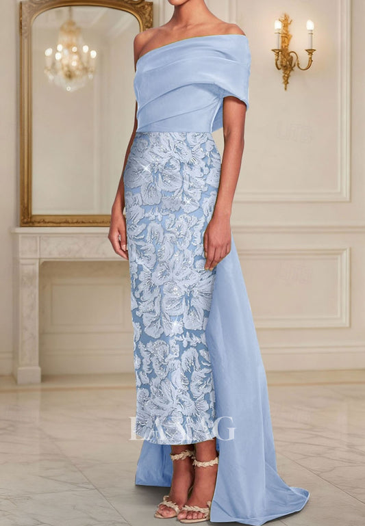 Asymmetrical-Neck Satin Pleated Formal Gowns Ankle-Length Jacquard Mermaid Evening Dress