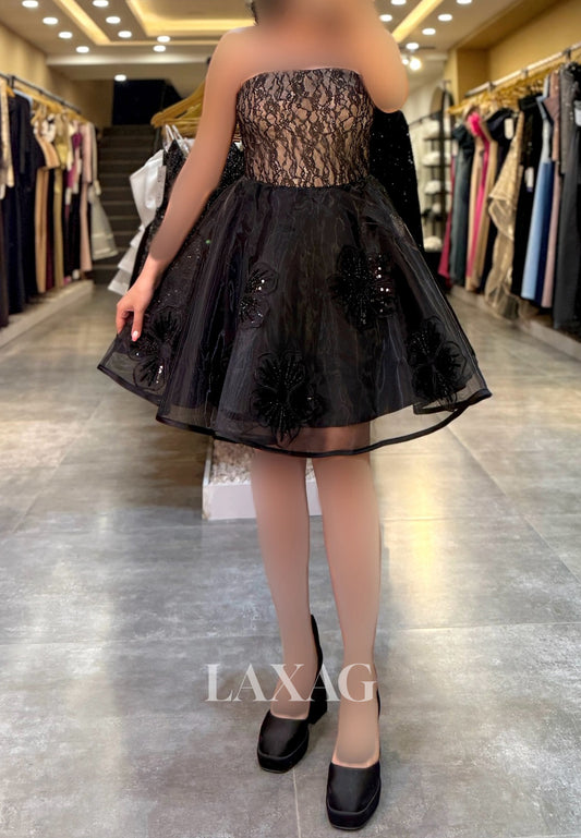 Tube Top Sleeveless Sequined Lace Applique Pleated Tulle A-Line Party Homecoming Dress