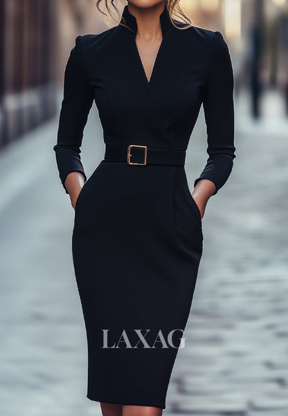 V-Neck Long-Sleeves Mermaid Mother of the Bride Dress Simple Knee-Length Satin Formal Gowns