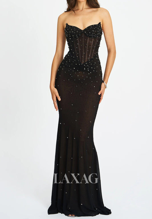 Sweetheart Sleeveless Tulle Pleated Mermaid Prom Dress Rhinestone Beaded Floor-Length Party Gowns