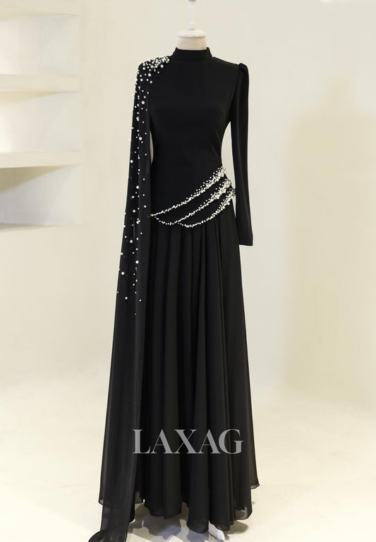 High-Neck Long-Sleeves Pearls Beaded Chiffon Pleated Floor-Length Fitted Evening Dress