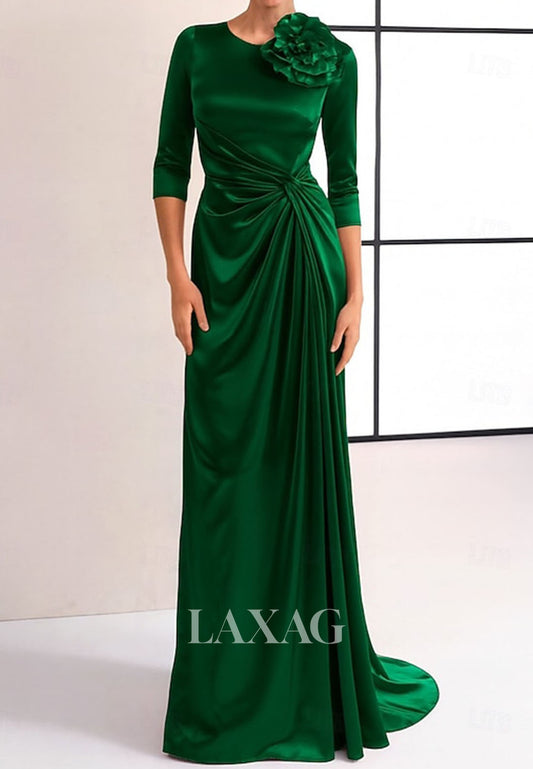 Scoop-Neck 3/4-Sleeves Floral Embellished Pleated Satin Fitted Evening Dress with Sweep Train
