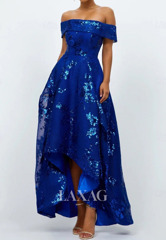 Bateau-Neck Sleeveless Fully Sequined Tulle Pleated High-Low A-Line Evening Dress