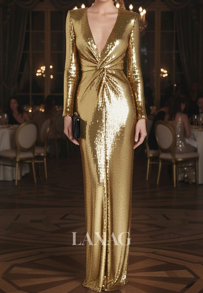 Deep V-Neck Long-Sleeves Fully Sequined Pleated Floor-Length Mermaid Formal Evening Dress