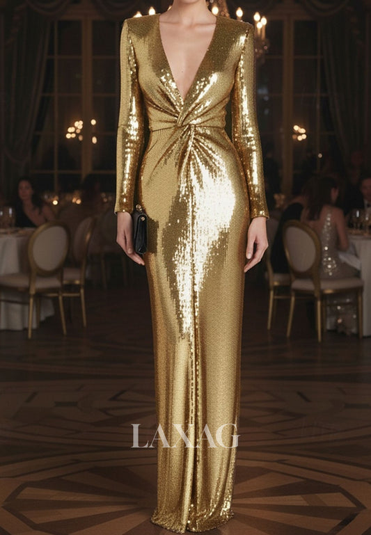 Deep V-Neck Long-Sleeves Fully Sequined Pleated Floor-Length Mermaid Formal Evening Dress