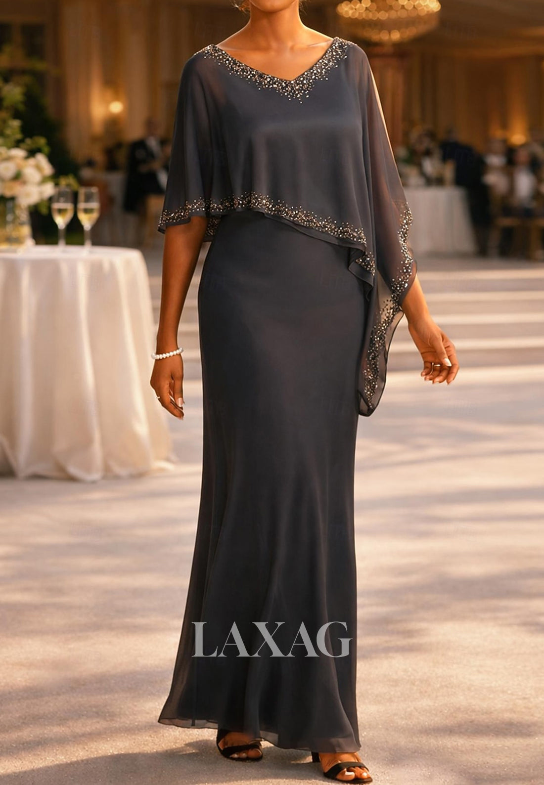 V-Neck Floor-Length Sequined Beaded Chiffon Mermaid Mother of the Bride Dress