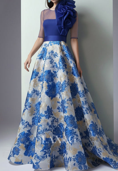 Scoop-Neck Half-Sleeves Floral Embellished Jacquard Tulle&Satin A-Line Mother of the Bride Dress