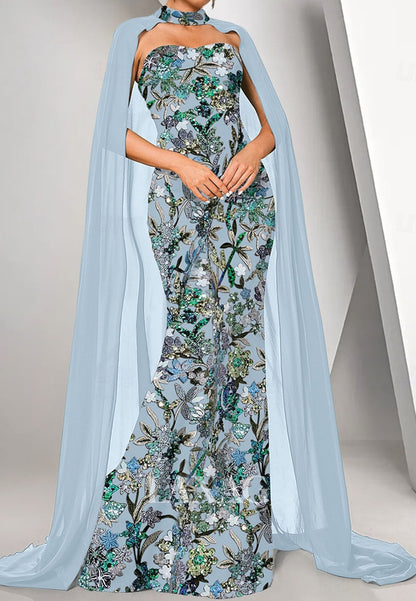 Sweetheart Pleated Chiffon Formal Gowns Sequined Applique Mermaid Evening Dress with Overlay