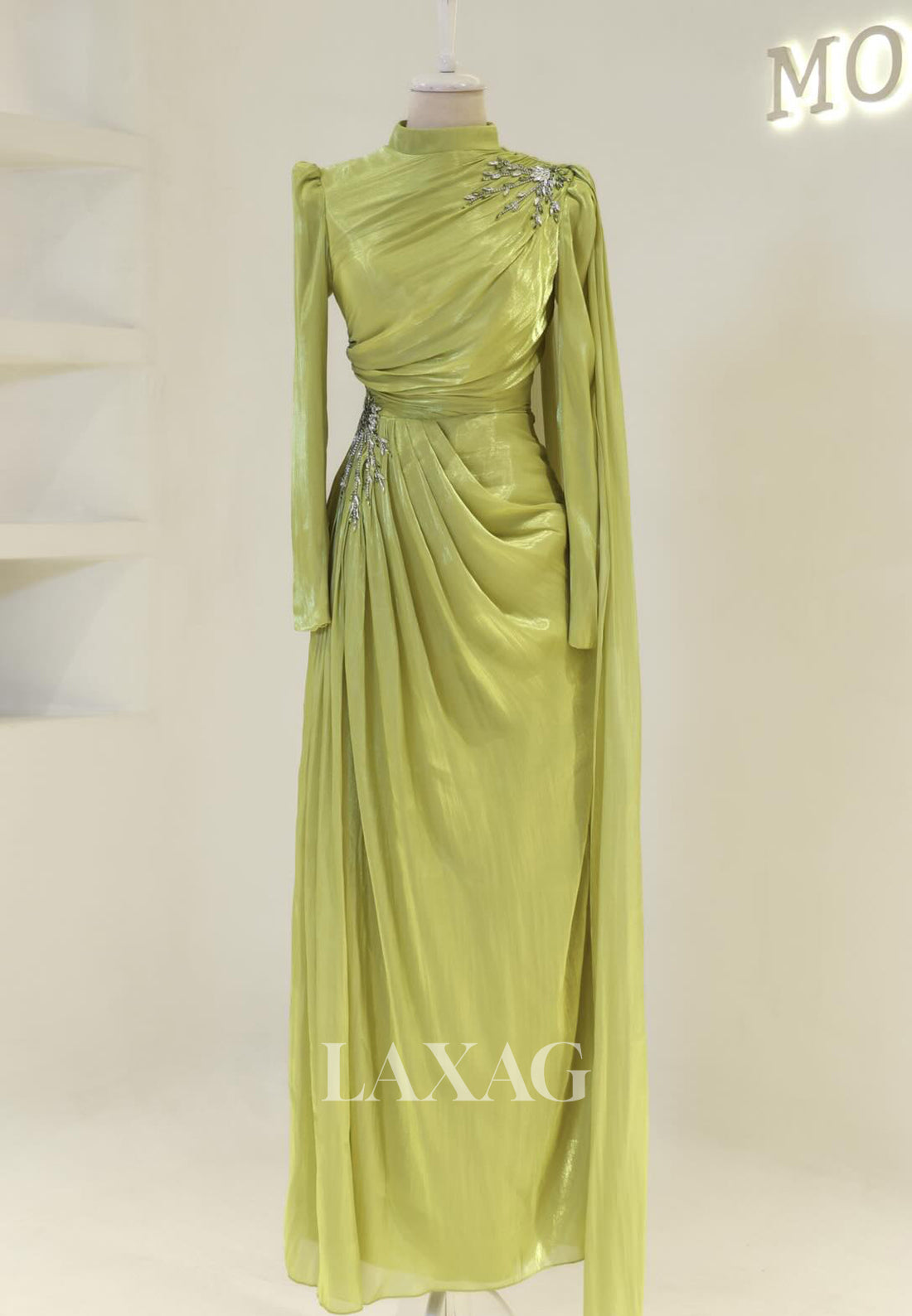 High-Neck Long-Sleeves Rhinestone Beaded Chiffon Pleated Floor-Length Fitted Evening Dress