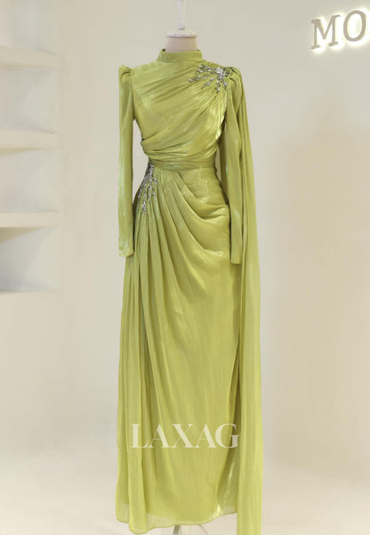 High-Neck Long-Sleeves Rhinestone Beaded Chiffon Pleated Floor-Length Fitted Evening Dress