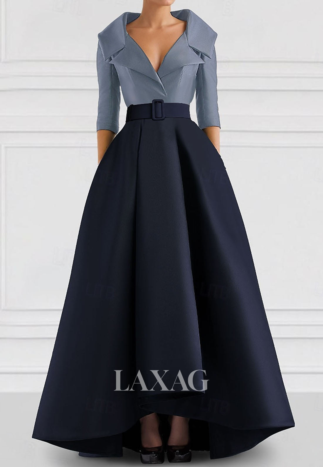 V-Neck Collared 3/4-Sleeves A-Line Evening Dress Two Tone Satin Floor-Length Formal Gowns
