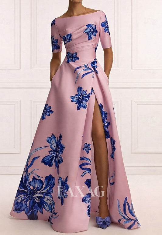 Bateau-Neck Short-Sleeves Print Satin Pleated High Slit A-Line Mother of the Bride Dress
