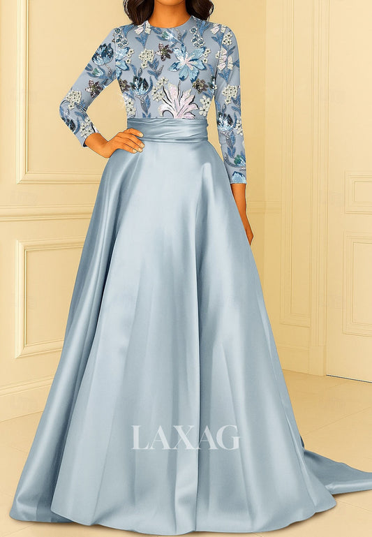 Scoop-Neck Satin Floor-Length Formal Gowns Long-Sleeves Sequined Applique A-Line Evening Dress