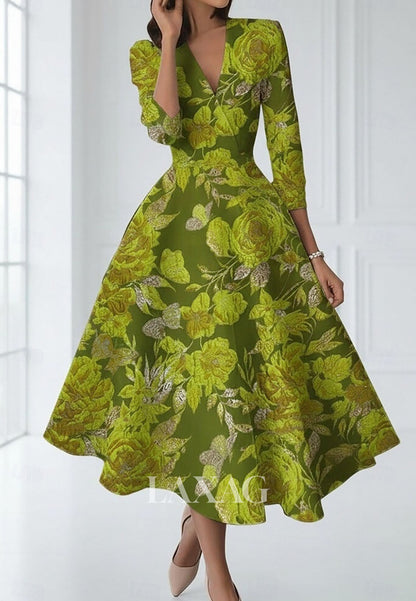 V-Neck 3/4-Sleeves A-Line Evening Dress Tea-Length Jacquard Tulle Pleated Formal Gowns
