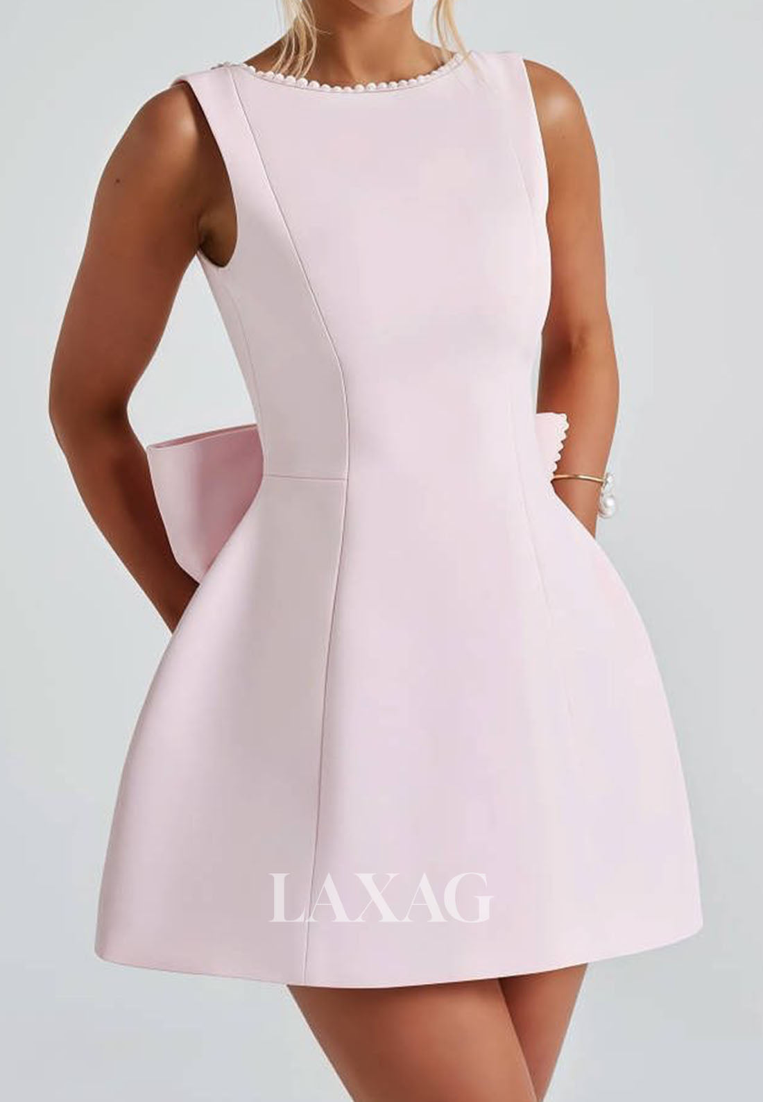 Scoop-Neck Off-Shoulder Sleeveless Pearls Satin A-Line Party Homecoming Dress with Big Bow