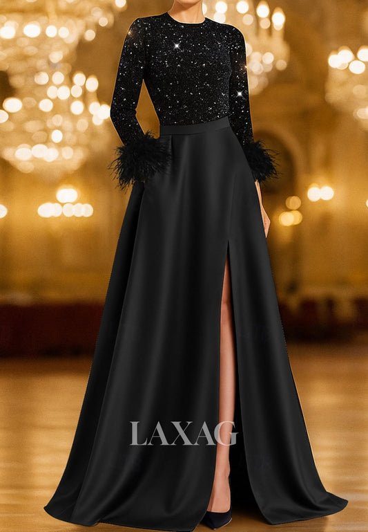 Scoop-Neck Long-Sleeves High Slit Formal Gowns Feathered Sequined Satin A-Line Evening Dress