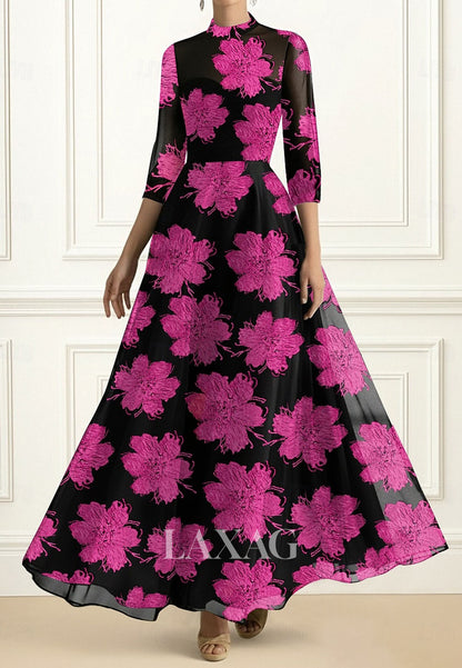 High-Neck 3/4-Sleeves Formal Gowns Jacquard Tulle Floor-Length A-Line Evening Dress